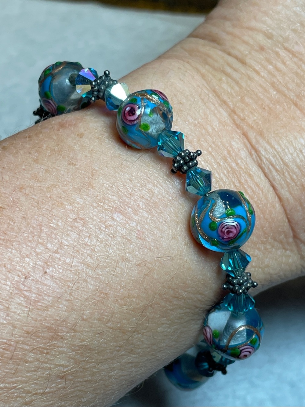 Blue Lampwork Floral Glass Bead Bracelet with Turquoise Crystal Accents